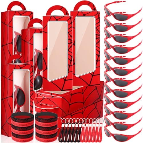 Tellegloww 48 Pcs Spider Birthday Party Supplies Favors Gifts Include 12 Spider Web Goodie Gift Boxes 12 Sunglasses 12 Bracelet 12 Keychain for Character Costume Party Decoration SuppliesRed