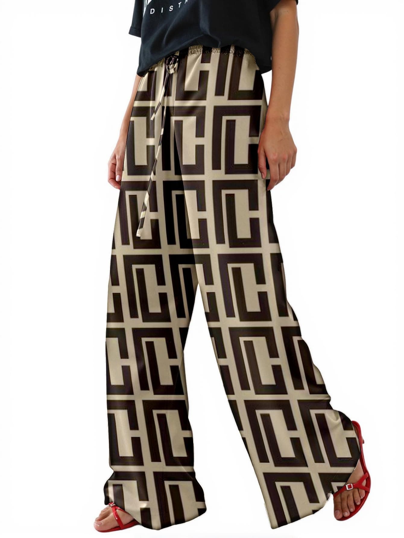 Charfille Women's Casual Pants Drawstring Leopard Print Color Block Side Striped Straight Leg Wide Leg Loose Pants (4-Geometric, L)