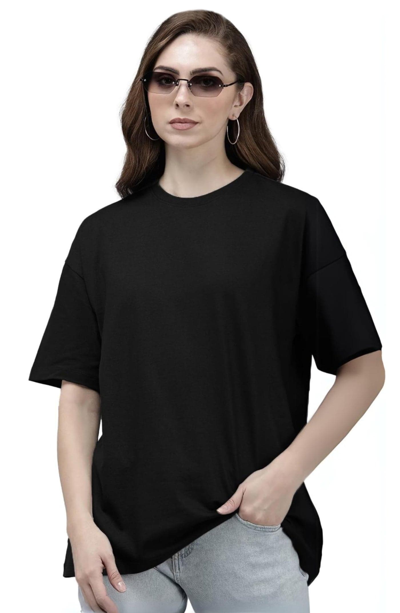 LEOTUDE Womens Oversized Round Neck Cottonblend Half Sleeve T-Shirts (GRL_FS49_Plain_Women_P_Black_3XL)