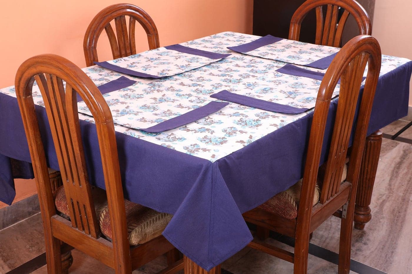 Dekor World Floral Printed Blue Table Cover with Place Mat (Pack of 9)