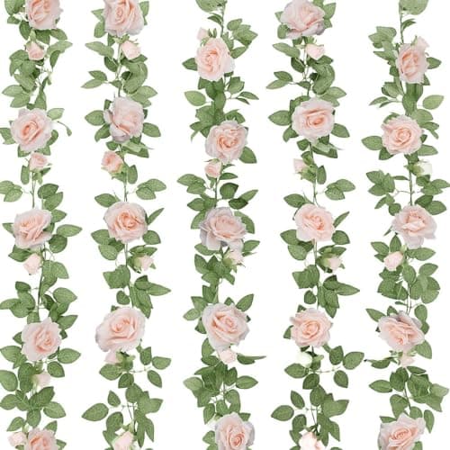 ZIFTY 5Pcs 325FT Pink Flower Garland Fake Rose Vines for Tea Party Mothers Day Decorations Faux Artificial Floral Garland Hanging Rose Ivy for Baby Shower Wedding Arch Ceremony Outdoor Wall Decor