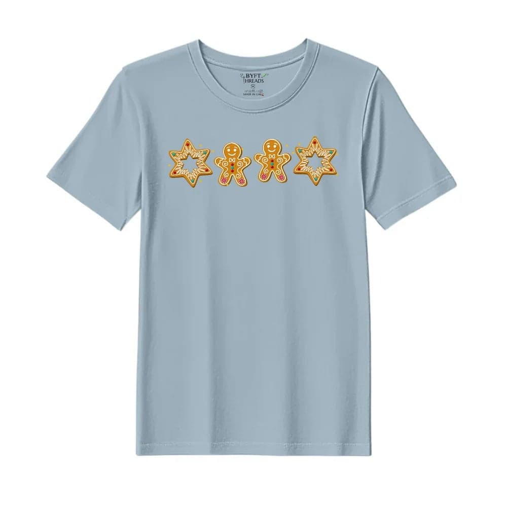 BYFT Threads Medium Baby Blue Polycotton T-Shirt - Christmas "Gingerbread Star" Printed Design, Premium Holiday Collection