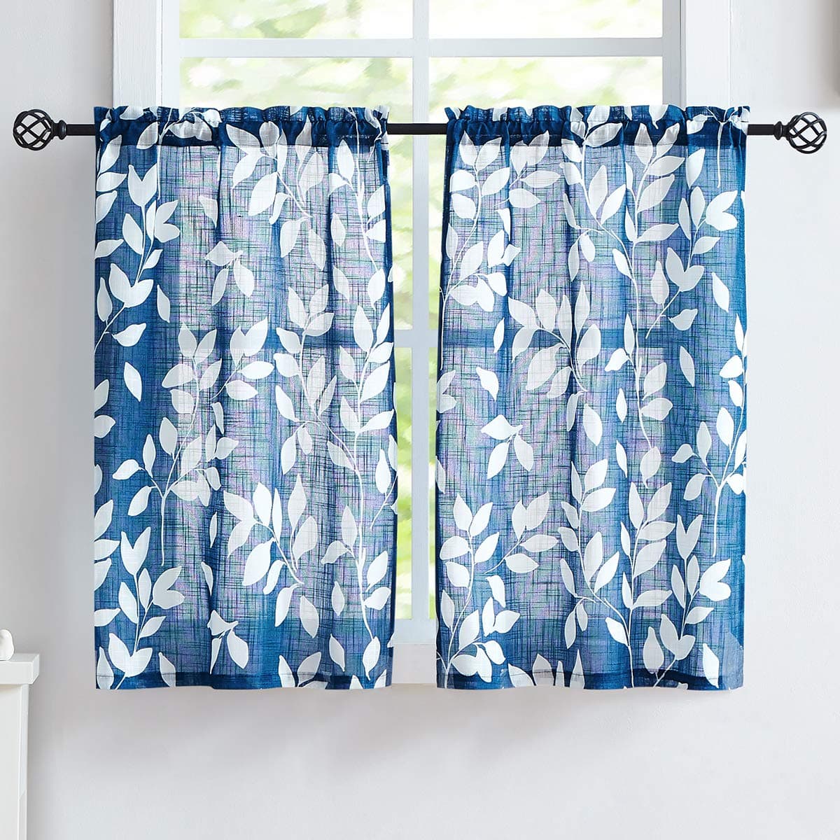 Leaf Kitchen Window Curtains for Bathroom Bassement Navy Blue and White Caf Curtain Panels Half Window Curtains 36inches 2 Panels