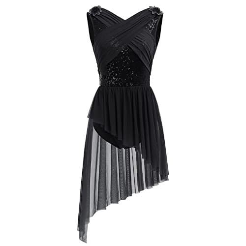 AFAVOM Womens Lyrical Dance Costume Sleeveless VNeck Sequin Flower Lyrical Dance Dress Asymmetric Flowy Mesh Tulle Skirt Contemporary Dance Costumes Ballet Leotard Dancewear Black XS