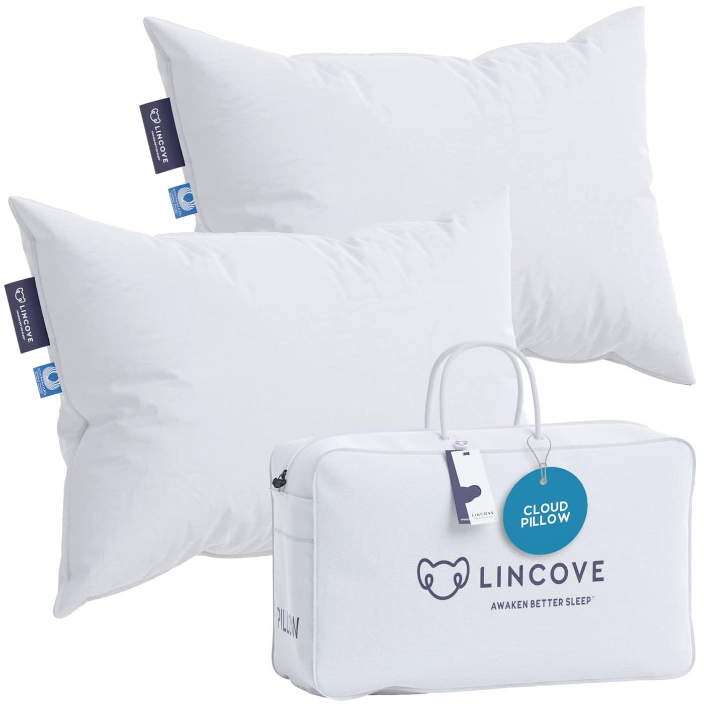Lincove Cloud Natural Canadian Down Pillow White Luxury Sleeping Pillow 625 Fill Power 500 Thread Count Cotton Shell Made in Canada King Medium 2 Pack
