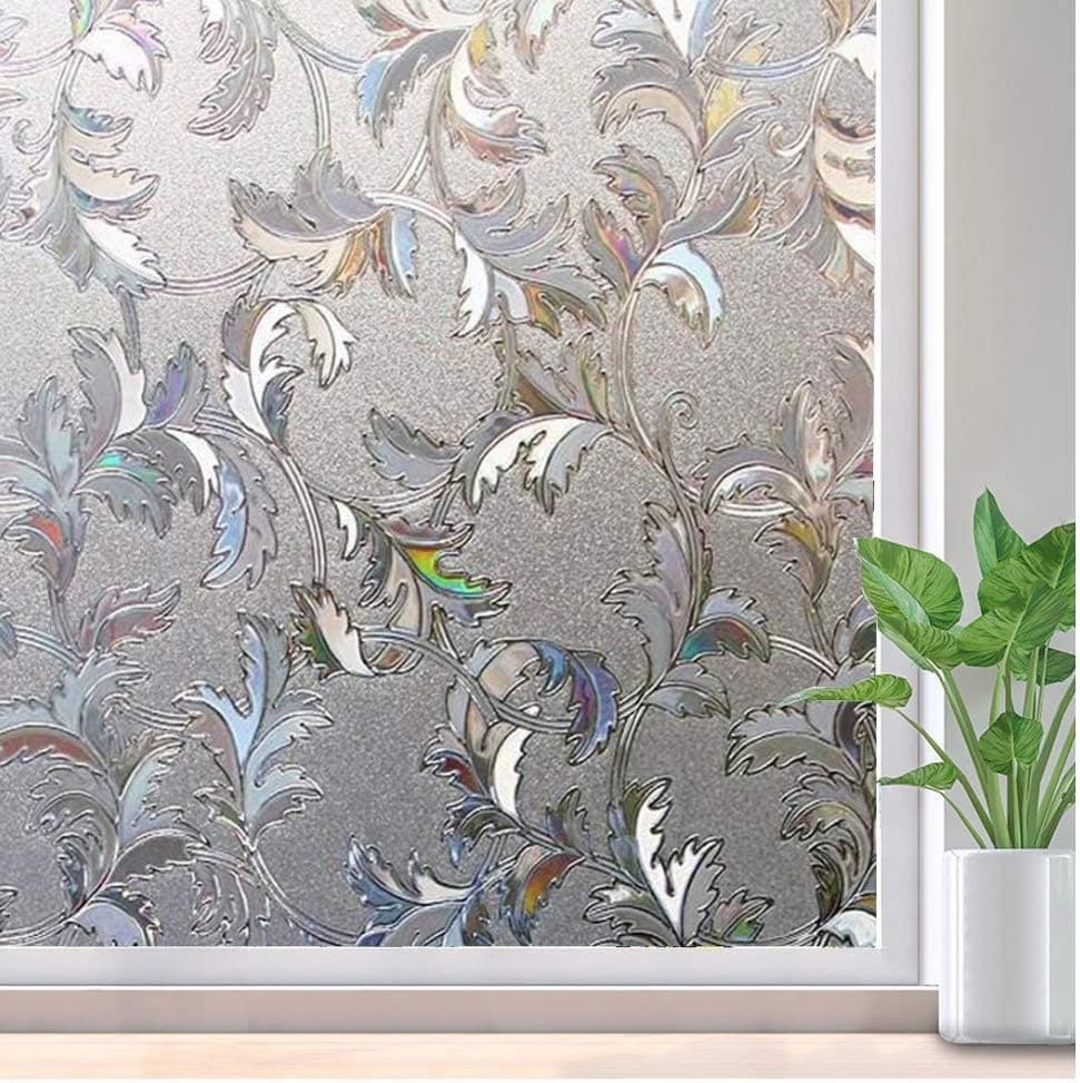 WALLTON Privacy Vinyl Frosted Window Film Glass Sticker Self-Adhesive Film Tint Wallpaper Opaque Sheet for Glass Privacy Cover Window, Door, Office, Home.| Anti-UV. (16x144 Inch, Coriander Leaves)