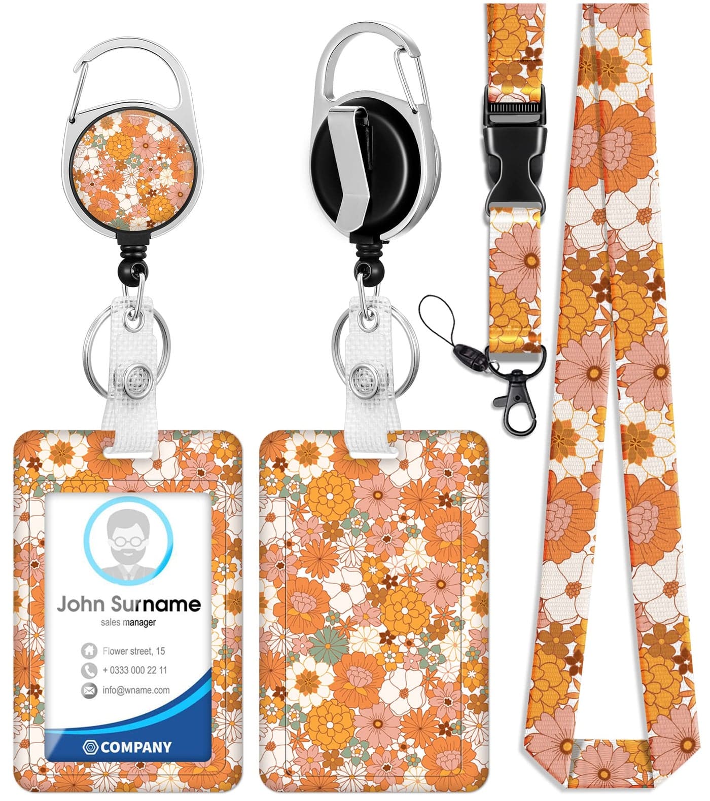 Toykee ID Badge Holder with Lanyard and Retractable Badge Reel Clip, Flowers Pattern Retro Floral Card Name Tag Lanyard Vertical ID Protector Bage Clips for Women Nurse Nursing Doctor Teacher Student