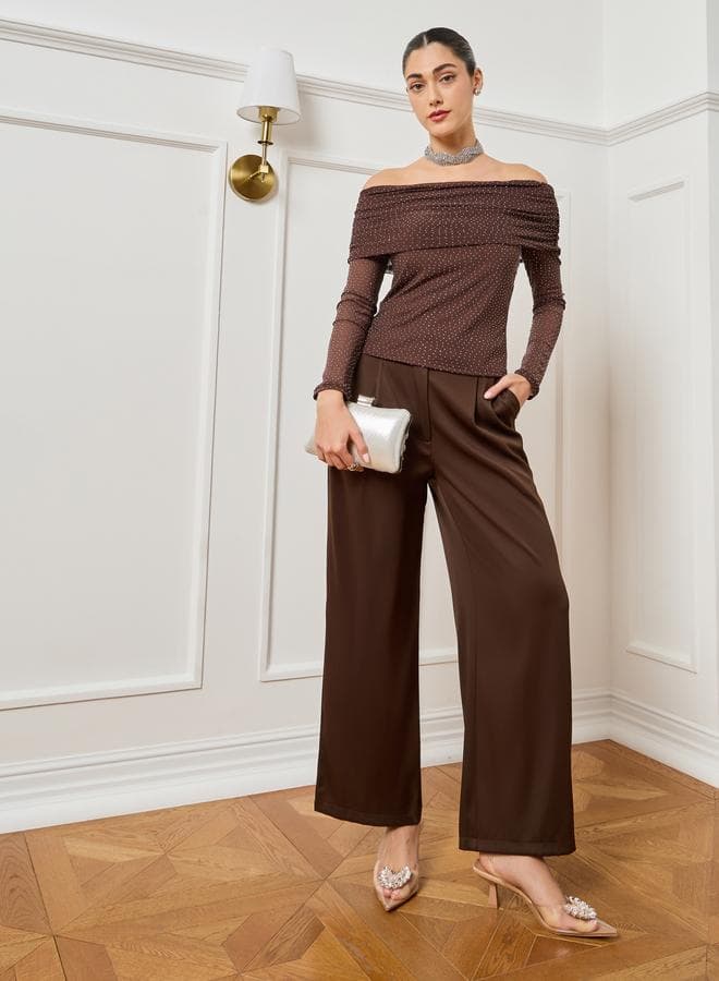 Women Brown Off Shoulder Neck Sequin Top