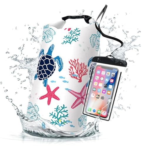 Waterproof Dry BagRoll Top Sea Turtle Coral Starfish Small Waterproof Backpack 5L10L20L Floating Lightweight Bags for Kayaking Boating Fishing Swimming Camping with Waterproof Phone Case