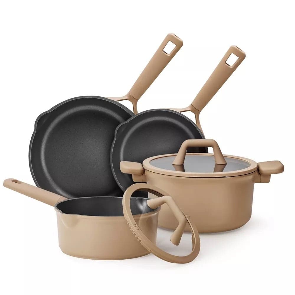 Carote 9-Piece Nonstick Cookware Set, PFOA-Free Healthy Cooking, Saucepan, Skillets & Casserole with Strainer Lid, Titanium-Reinforced, Pour Spout, All-Stovetop Compatible, Dishwasher Safe (Taupe)