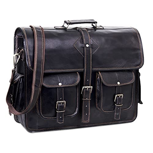 HULSH Black Leather Messenger Bag for Men and Women 18 Inch | Handmade Vintage Genuine Leather Laptop Bag for Men | Best Leather Briefcase Satchel Computer Crossbody Shoulder Bag for Work Office Use