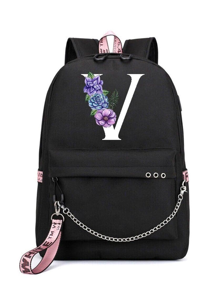 Initial Letter V Printed Backpack-Laptop Bag-Casual Shoulder Bag-Travel Companion With USB Charging Port - BLACK