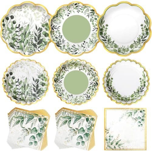 Skybooly 144 Pcs 48 Guests Sage Green Party Plates and Napkins Scalloped Green Eucalyptus Paper Plates Napkins Disposable Tableware for Birthday Bridal Baby Shower Wedding Decorations Party Supplies