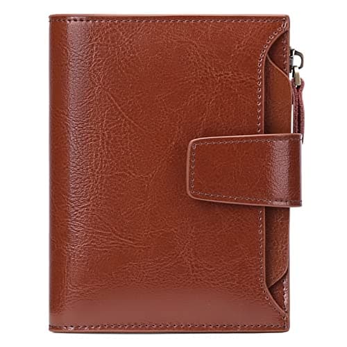 GOIACII Small Women Wallet RFID Blocking Leather Bifold Card Holder with Zipper Coin Pocket 4 ID Windows Brown