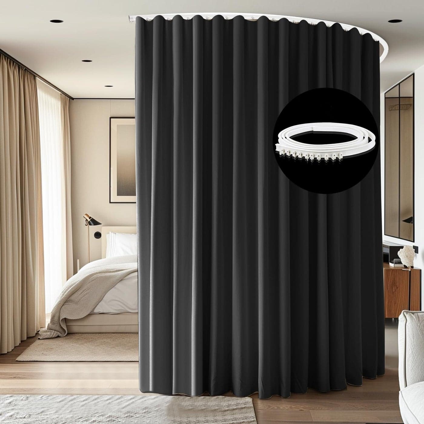 cbsroro Room Divider Ceiling Mounted Curtains Track Sets Extra Wide Blackout Curtain Flexible Tracks for Bedroom Privacy Partition Separator 1 Panel Black Drape and White Rail W15 x H8ft