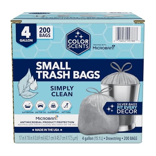 Color Scents Small Trash Bags - 4 Gallon, 200 Bags (1 Pack of 200 Count), Drawstring - Silver Bag in Simply Clean Scent with Microban