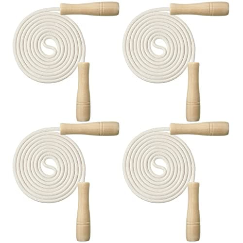 Hungdao 4 Pcs Jump Ropes for Kids with Wooden Handle Cotton Braided Adjustable Skipping Rope for Exercise Fitness Jumping Rope for Children Boys Girls Students Preschooler Outdoor Fun Activity