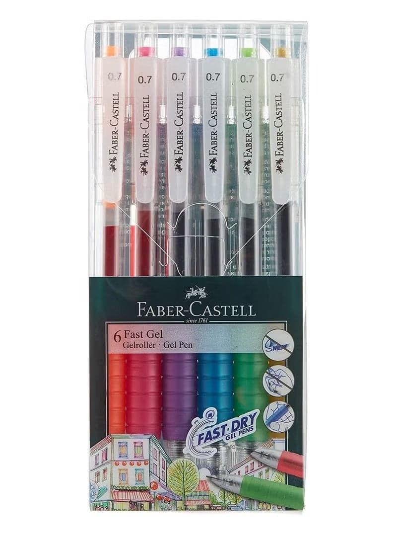 Faber-Castell Fast Dry Gel Pens Set – 6 Pieces, 0.7 mm Multicolor Gel Roller Pens