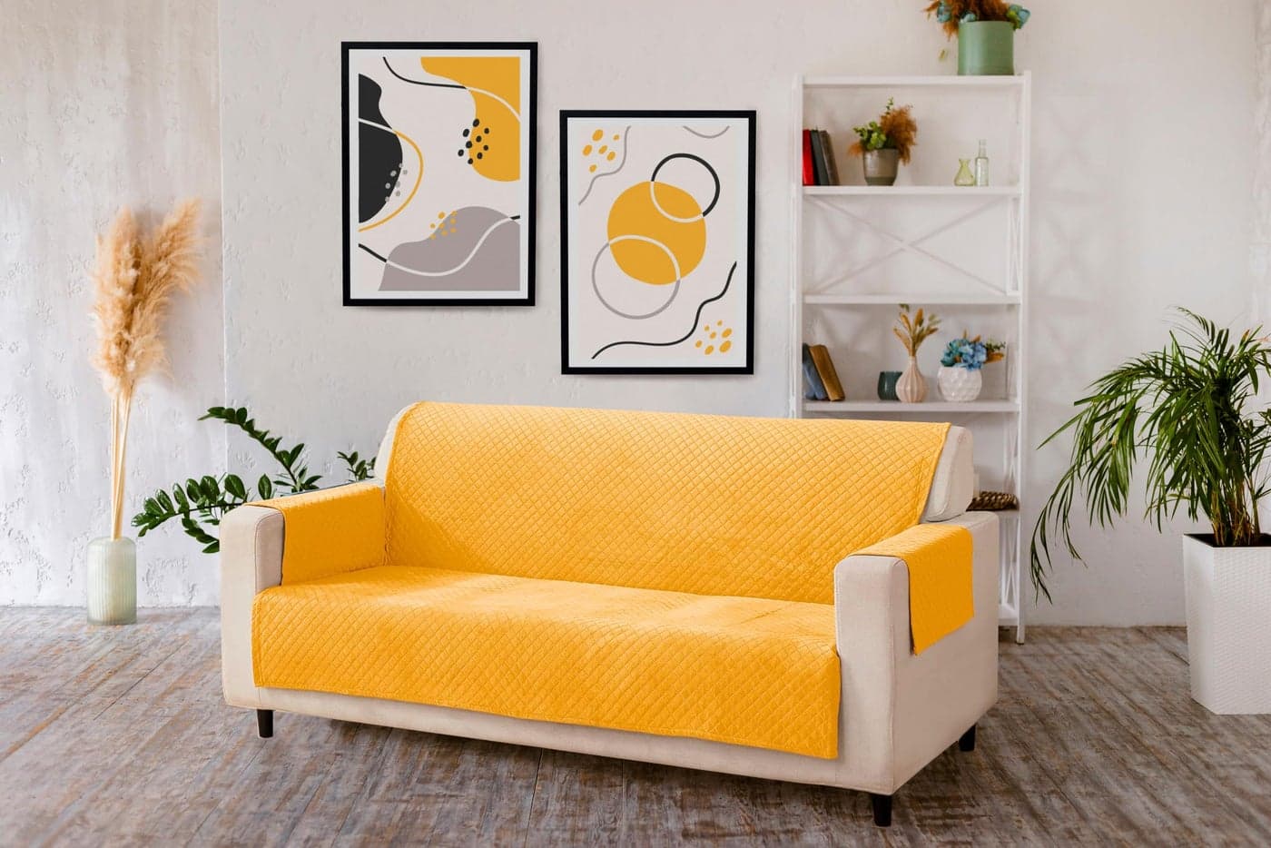 KINGLY Velvet Quilted Universal Elastic Sofa Cover Non-Slip Sofa Protector 3 Seater Armchair Cover with Machine Washable Adjustable Elastic Straps (3 Seater) (Yellow)