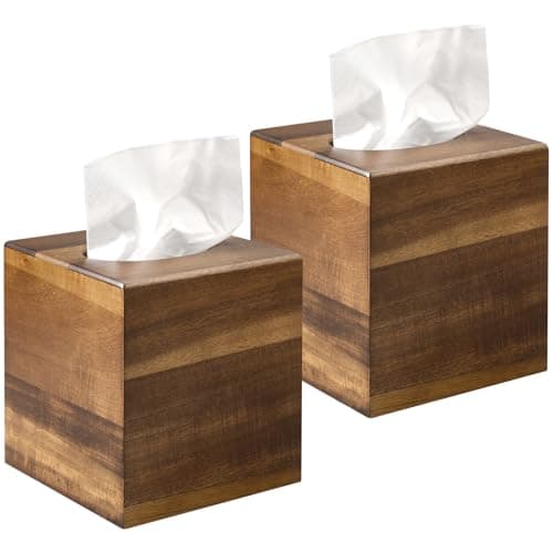 2 Pack Wooden Tissue Box Cover Square - Acacia Wood Tissue Box Holder for Tabletop Stands Bathroom Office- Decorative Facial Wood Tissue Box Cover for Modern Farmhouse Decor-Standard Walnut Color