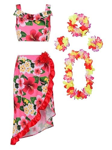 ReliBeauty Hawaiian Skirt Costume for Girls Red Flowers 6 Piece Kit 120