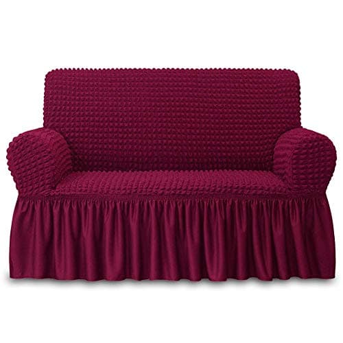 NICEEC Loveseat Slipcover Red Loveseat Cover 1 Piece Easy Fitted Sofa Couch Cover Universal High Stretch Durable Furniture Protector Love Seat with Skirt Country Style (2 Seater Wine Red)