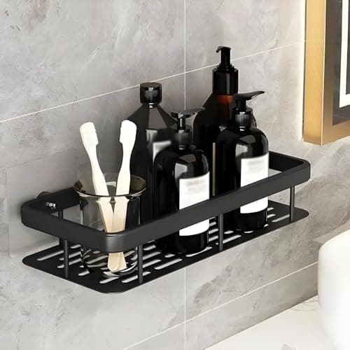 TEKCOOL Self Adhesive Bathroom Shelf for Wall, Wall Mounted Bathroom Shelves Without Drilling, Aluminum Bathroom Organizer Rack for Bathroom Accessories Storage Organiser Stand (1 PCS, Black)