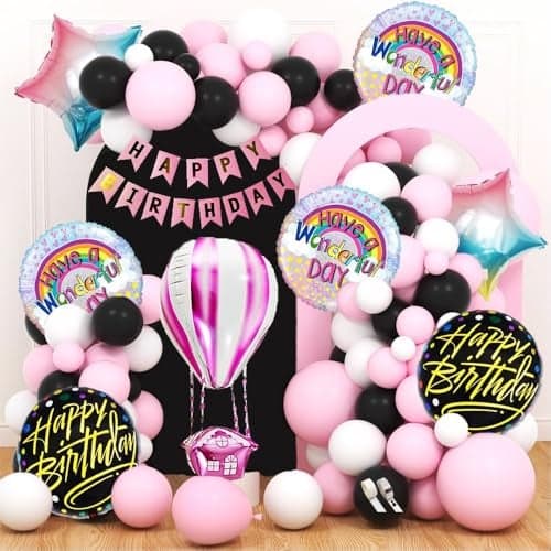 Pop The Party Complete Birthday Decoration Kit – DIY Party Balloon Garland Arch Set with Banner, Foil Balloons, Star & Hot Air Balloon, Tapes – Pink Black White Theme for Birthday Party Decor