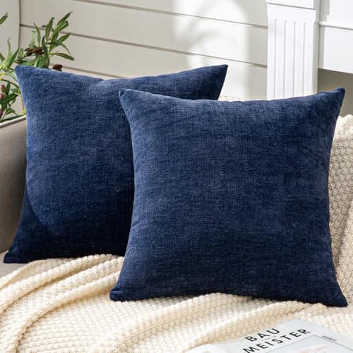 GAWAMAY Decorative Throw Pillow Covers 16x16 Inch Set of 2, Super Soft Chenille Square Pillows Farmhouse Fall Pillowcase for Living Room Bedroom Sofa Couch Cushion Cover Navy Blue 40x40cm