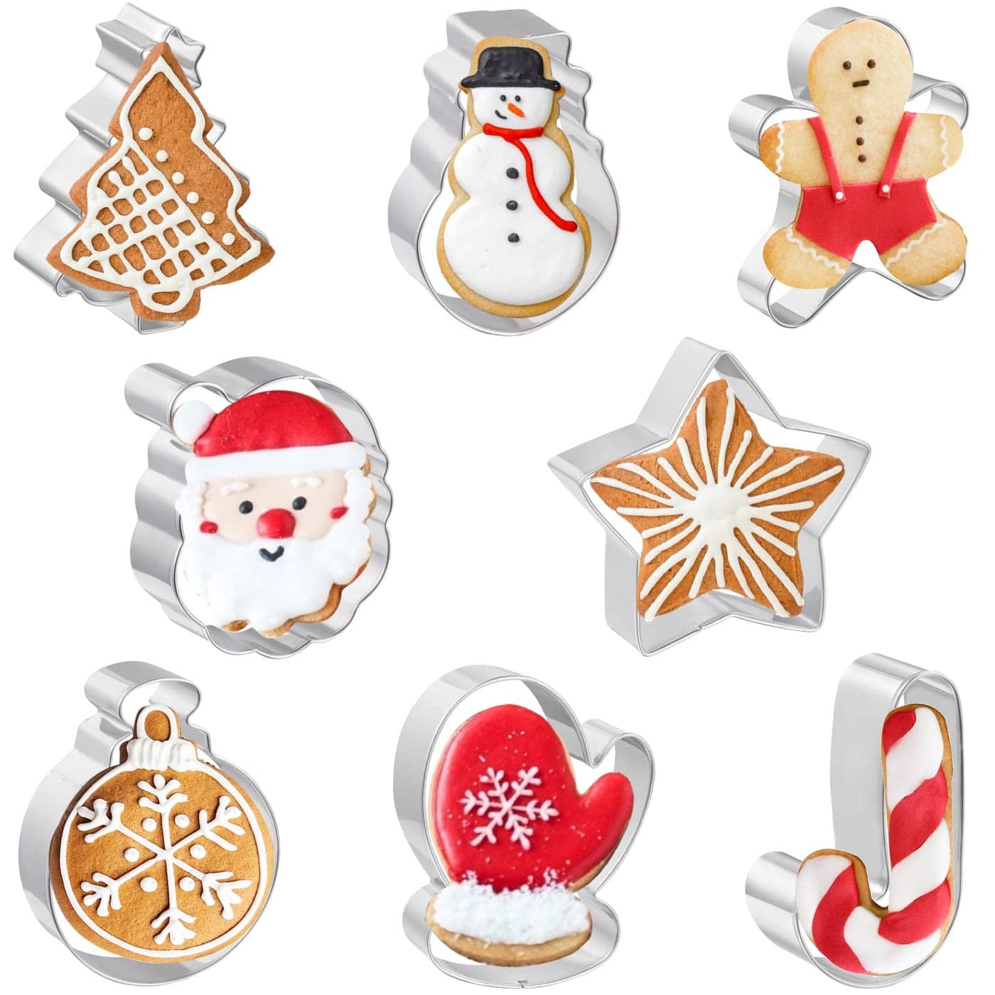 JOB JOL Christmas Cookie Cutters 8 PCS 3 to 35 Santa Face Christmas Tree Gingerbread Man Snowman Candy Cane