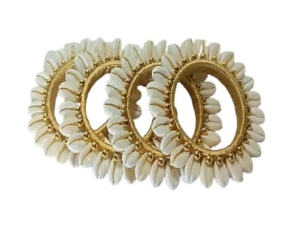 ROCKYMOUNT Natural Kodi Shell/Cowrie Beads Shell Bracelets Set for Women and Girls | Stylish & Fashionable Bangles For Weddings & Festivals, 4 Pieces (Golden, 2.4 Inches)