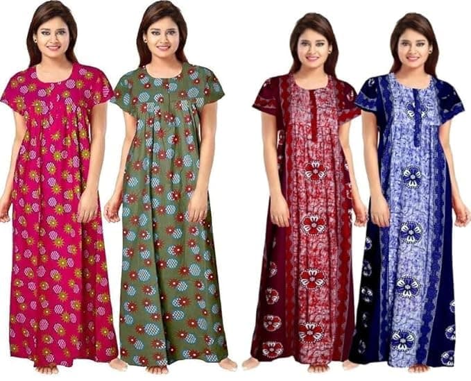 Vlazom Women's Cotton Nightgown – Pack of 4 Printed Maxi Nighties | Ankle Length Night Dress | Free Size Sleepwear (Option-20, Free Size)