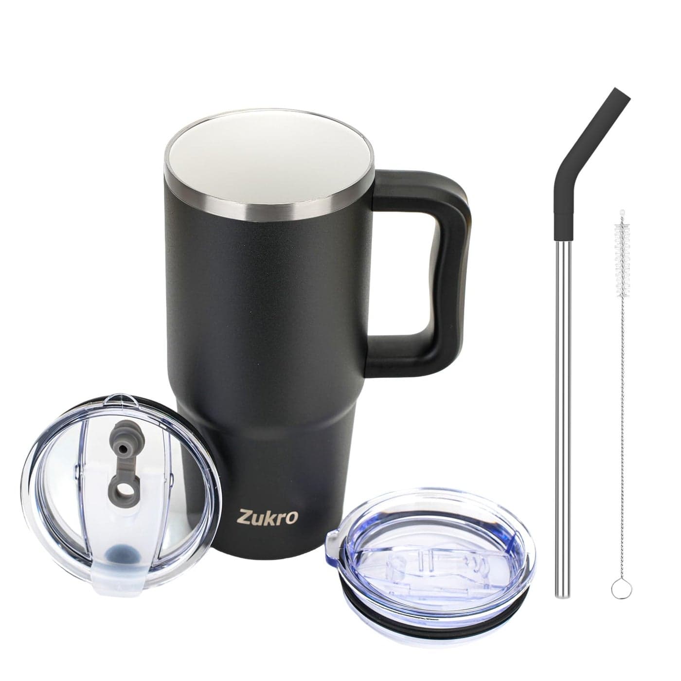 Zukro 24 oz Ceramic Lined Insulated Tumbler with Handle and Straw No Metal Taste or Smell Travel Coffee Mug with Spillproof Lids No Sweat Stainless Steel Cup Dishwasher Safe Black