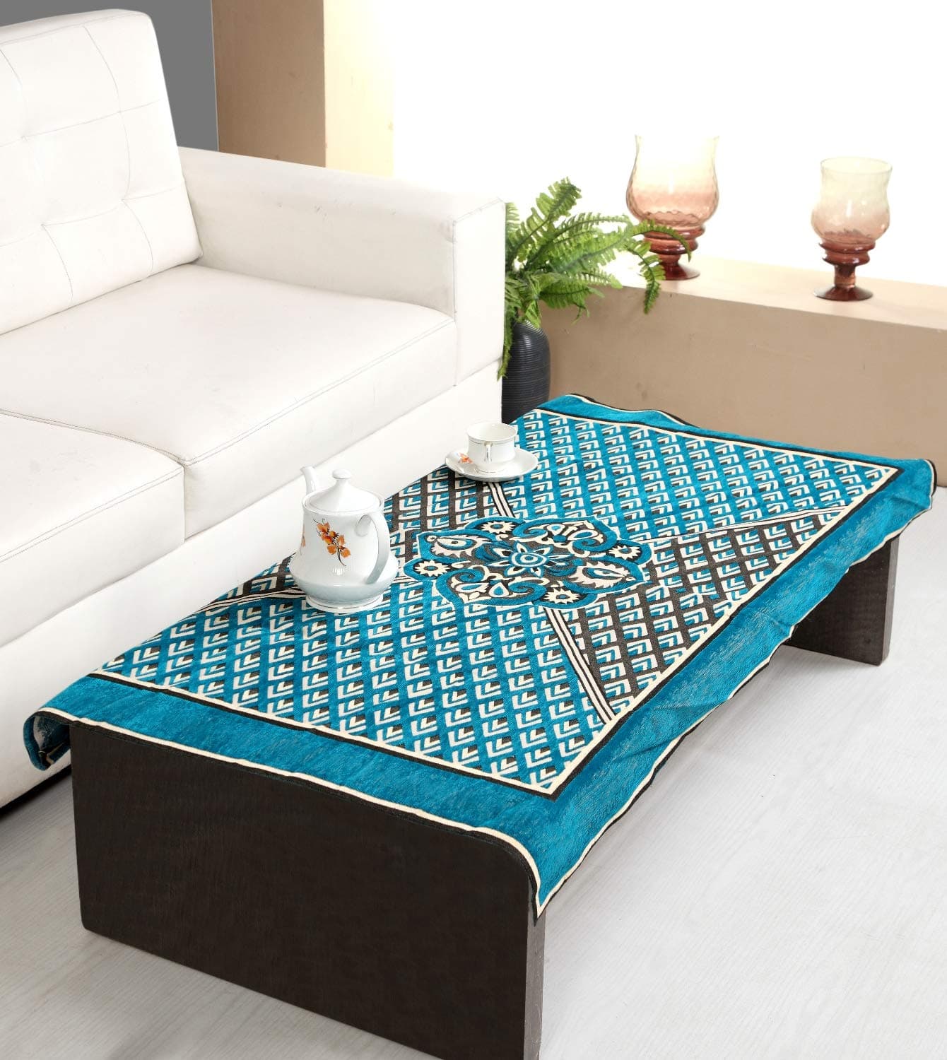 Nendle Jacquard Weaved Velvet Sofa Center Table Cover for 4 Seater (Sky Blue, Standard)