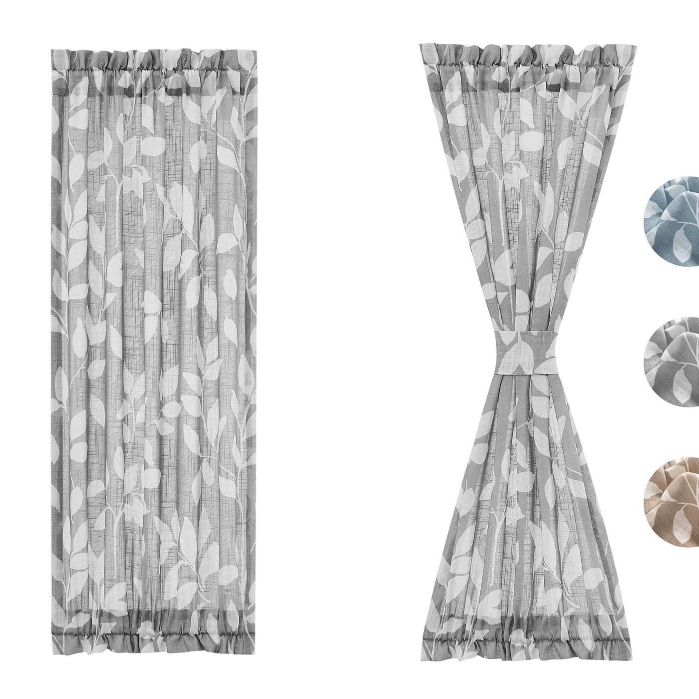 Treatmentex Side Light French Door Panels 72inch Long Grey White Leaf Front Door Curtains Privacy Linen Texture Semi Sheer Drapes 26 W X 2Panels
