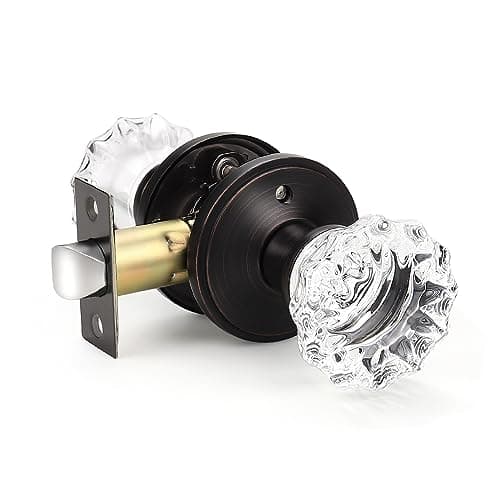 KNOBWELL 5 Pack Privacy Crystal Door Knobs Interior, Clear Indoor Glass Door Knobs with Lock for Bedroom and Bathroom, Keyless Glass Door Locks in Round Oil Rubbed Bronze Plate