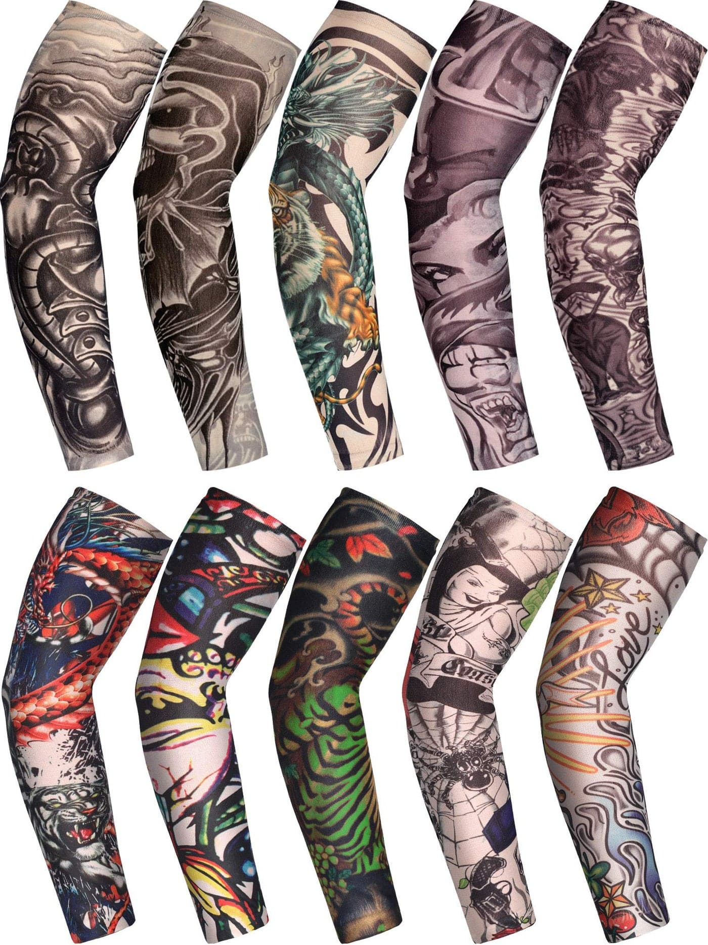 Boao 20 Pcs Men's Cooling Arm Sleeves Long Fingerless Arm Cover Anti Slip UV Protection Sun Temporary Tattoo Sleeves(Medium,Novelty Style)
