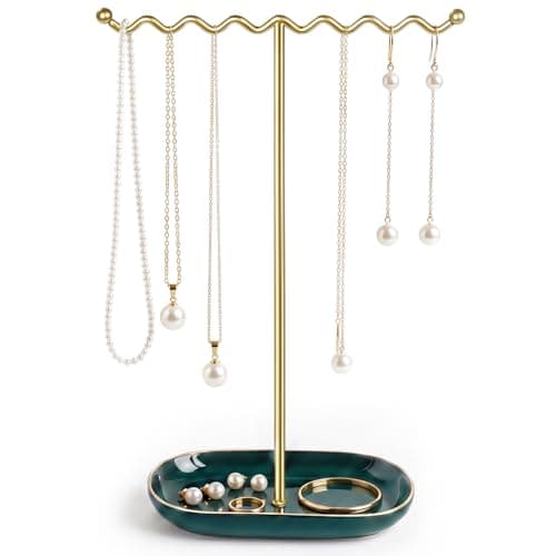 Saydear Elegant Jewelry Holder Tree Stand with Ceramic Tray Metal Necklace Holder Organizer for Rings Bracelets Earrings Tangle Free Rustproof Decorative Display for Vanity Dresser Emerald Green