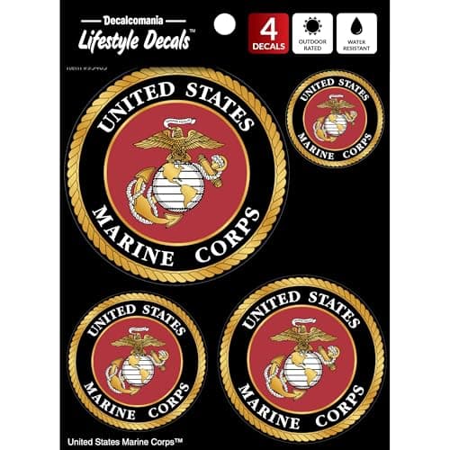 Decalcomania - 4 Piece US Marine Corps Logo Decals - USMC Military Stickers for Truck Car Phone Tablet Laptop - 1.75" to 4" Marine Car Stickers (Packaging May Vary)