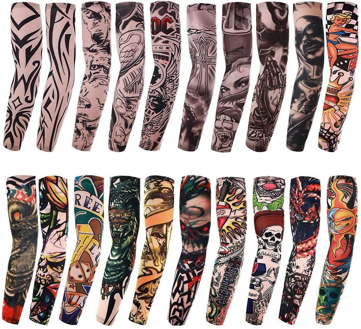 20PCS Set Arts Fake Temporary Tattoo Arm Sunscreen Sleeves Designs Tiger, Crown Heart, Skull, Tribal and Etc
