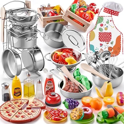 Play Kitchen Accessories Large Stainless Steel Toddler Cooking Set Kids Kitchen Playset with Cutting Play Food Condiments Chef Apron Hat Service Bell Toy Food with 2 Baskets Boys Girls Gifts
