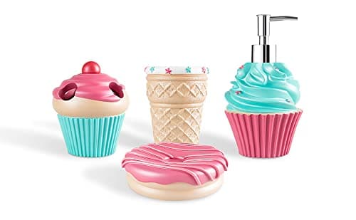 YangShiMoeed Bathroom Accessories Sets Organizer Complete with Milkshake Lotion/Soap Dispenser,Egg Tube Bath Cup/Tumbler,Donut Soap Dish,Cake Toothbrush Holder for Kids Bath Decor (Pink)