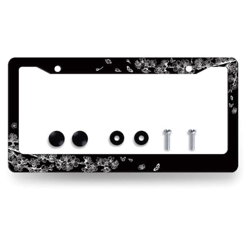 Black White Cherry Blossom License Plate Frame Butterfly Flower License Plate Holder Stainless Steel Car Accessories Decoration 63X123 with 2 Holes Screws