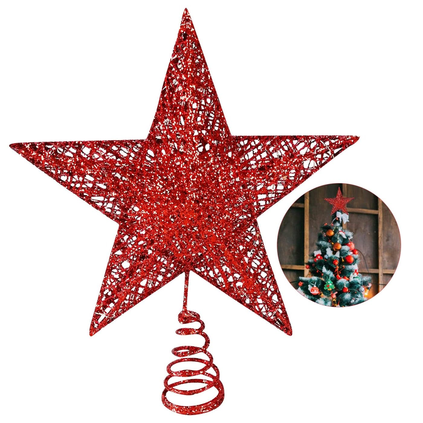 Christmas Tree Topper Metal Xmas Tree Top Glittered Treetop Star for Festive Christmas Decor Holiday Ornament or Home Decor Red 8 inch