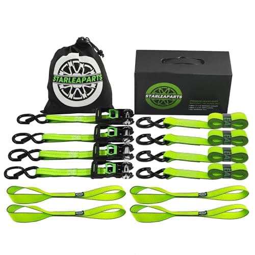 Motorcycle Tie Down Strap (4PK) - 2,100lb Break Strength Premium 15ft Ratchet Tie Down Straps Set, Soft Loop Ratchet Straps for Moving Appliances, Lawn Equipment, Cargo Straps for Trucks