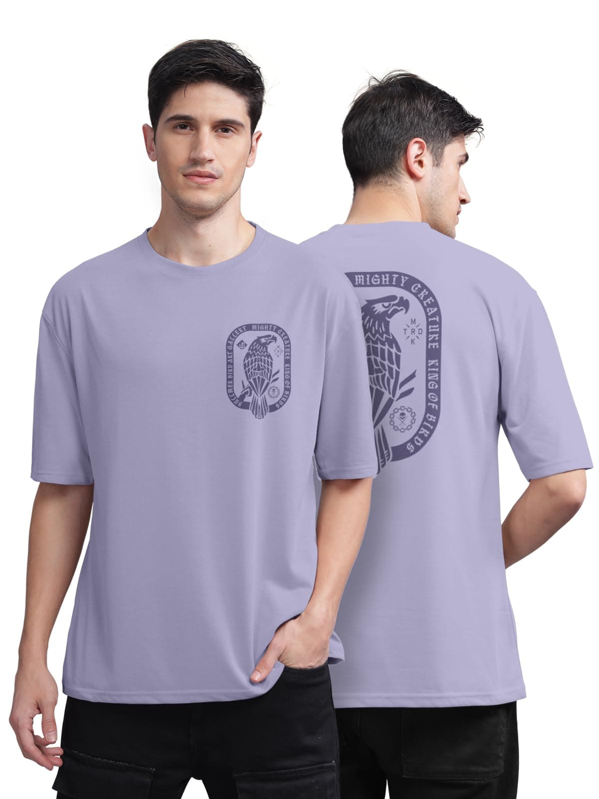 BULLMER Front and Back Printed Oversized Round Neck T-Shirt for Men - Lavender/XX-Large