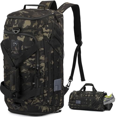 TONRUYN 3-in-1 Tactical Travel Duffle Bag Backpack Gym Bags Men 45L Military Sports Duffel Bag with Shoe Compartment & Wet Pocket Multi-Functional Weekender Overnight Bag for Traveling Workout, Camo