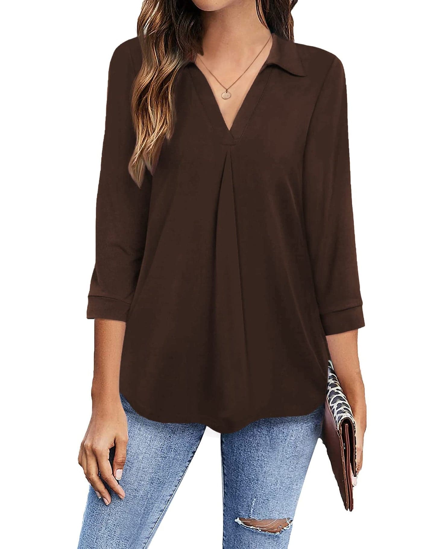 Newchoice Women's Office Professional Business Casual Tops Loose Fitting V Neck 3/4 Sleeve Shirts Ladies Classy Dressy Blouses (Brown, XL)
