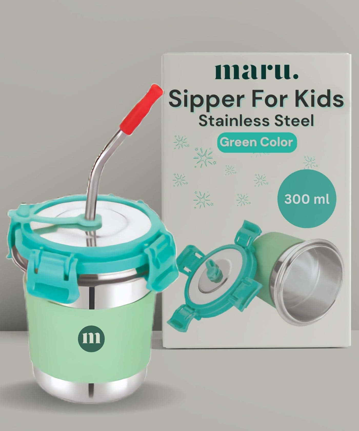 MARU Stainless Steel Tumbler with Lid & Straw 300ml, Durable & Leakproof Anti-Slip Silicone Grip Sipper Glass Tumbler for Kids, Travel-Friendly & Perfect for Everyday Use, Sea Green