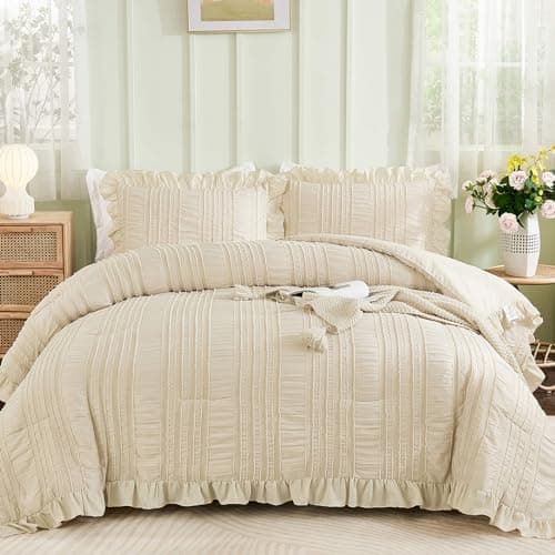 WONGS BEDDING Beige Textured Comforter Set King,3 Pieces Ruffle Farmhouse Shabby Chic Comforter for Queen Bed,Soft Seersucker Boho Bedding Set with 1 Ruffle Comforter,2 Tufted Pillowcases 104"×90"